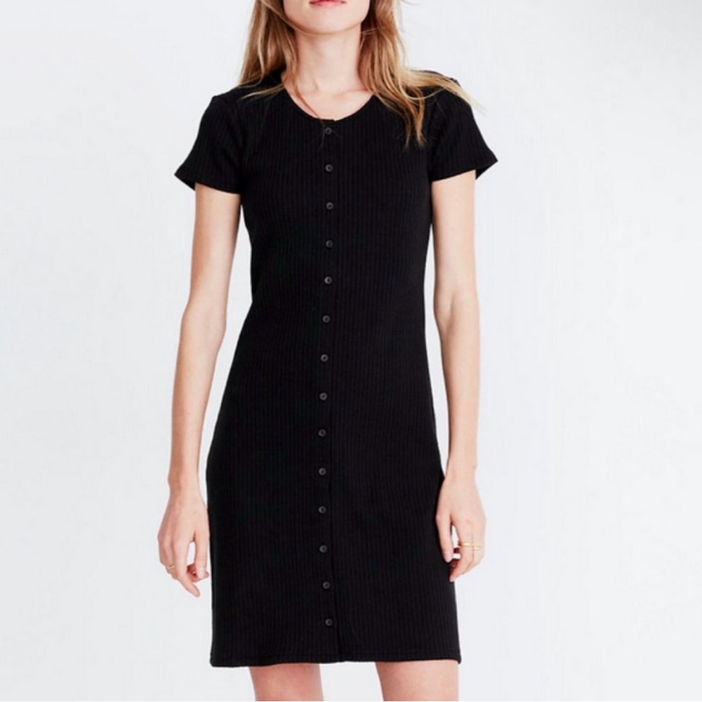Madewell Black Short-Sleeve Ribbed Button-Front Mini Dress
